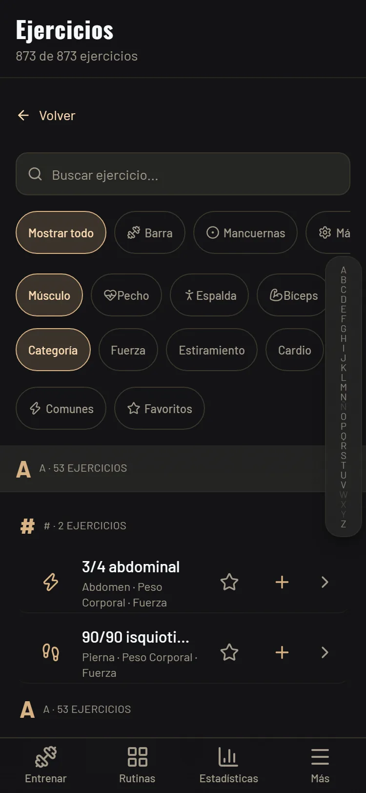 Captura de GymLab: catálogo de 873 ejercicios con filtros por músculo, equipo y categoría.