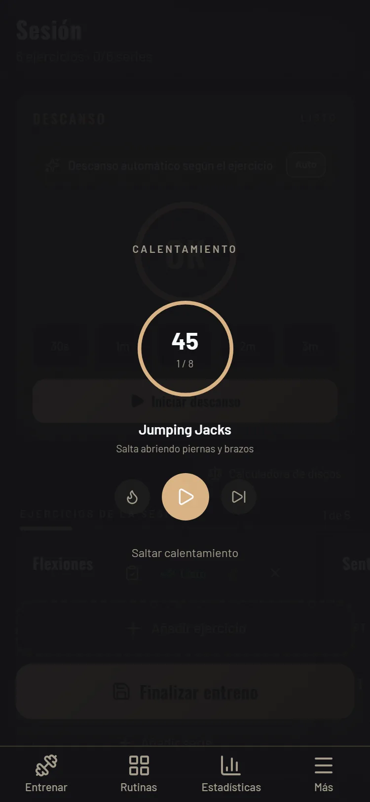 Captura de GymLab: sesión en vivo con temporizador de descanso y registro de series.